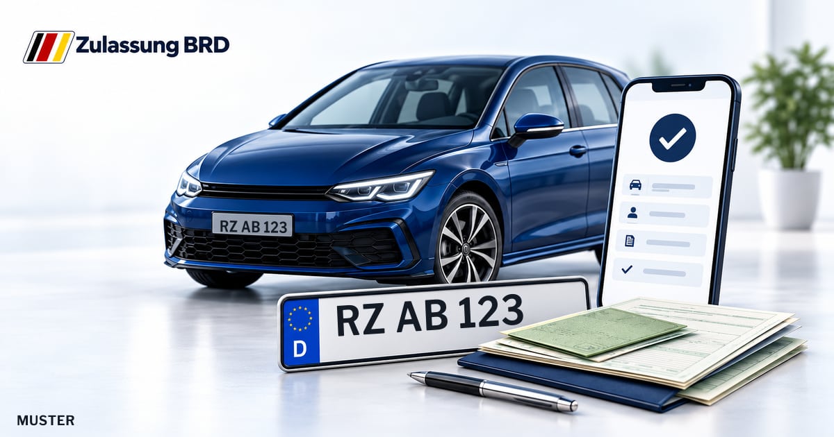 Online Fahrzeugzulassung in Elmenhorst OT Lanken: Musterkennzeichen RZ AB 123, Auto und Fahrzeugpapiere und Smartphone. Illustration mit Logo von Zulassung BRD.